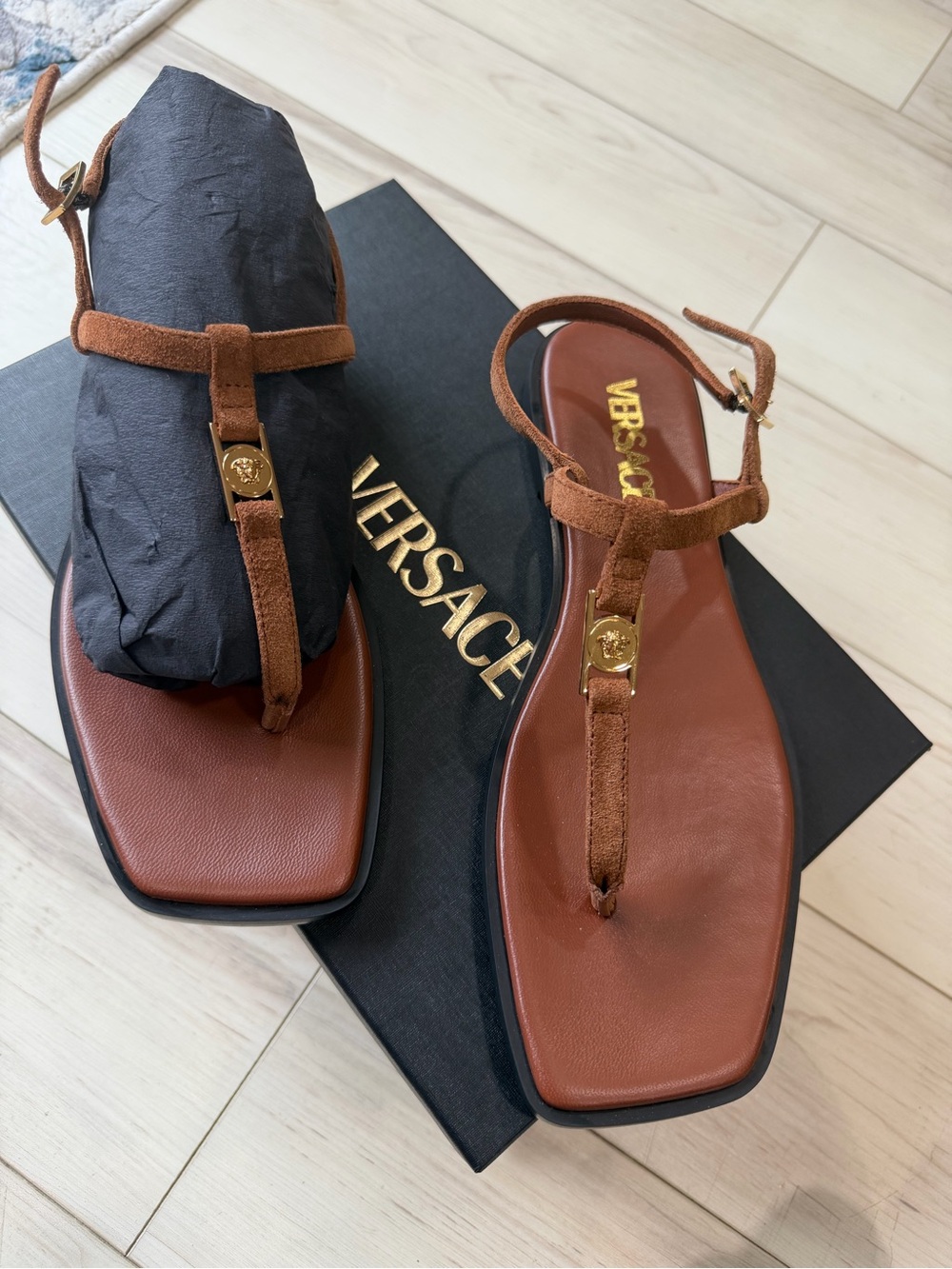 Versace Brown Suede T-Bar Sandals with Gold Medallion